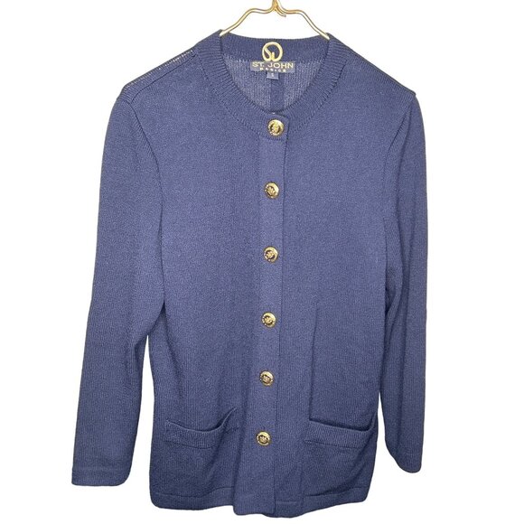 ST. JOHN Basic Womens Gold Button Sweater Cardigan SMALL Blue Long Sleeve